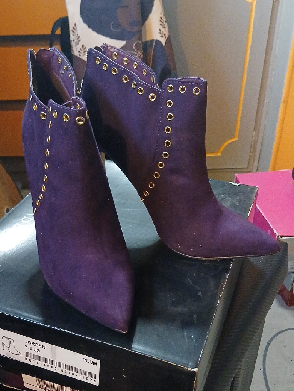 Izabella Rue Plum Suede Pointed Toe Ankle Booties with Gold Eyelets